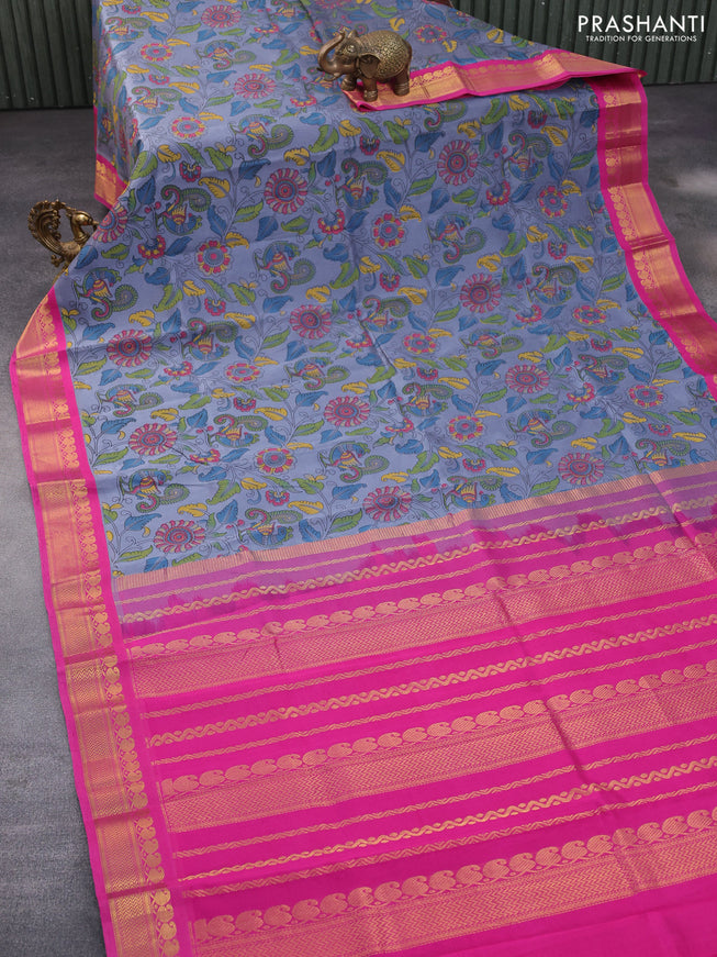 Silk cotton saree grey and pink with allover kalamkari prints and zari woven korvai border