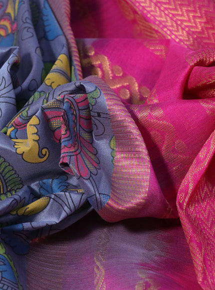 Silk cotton saree grey and pink with allover kalamkari prints and zari woven korvai border