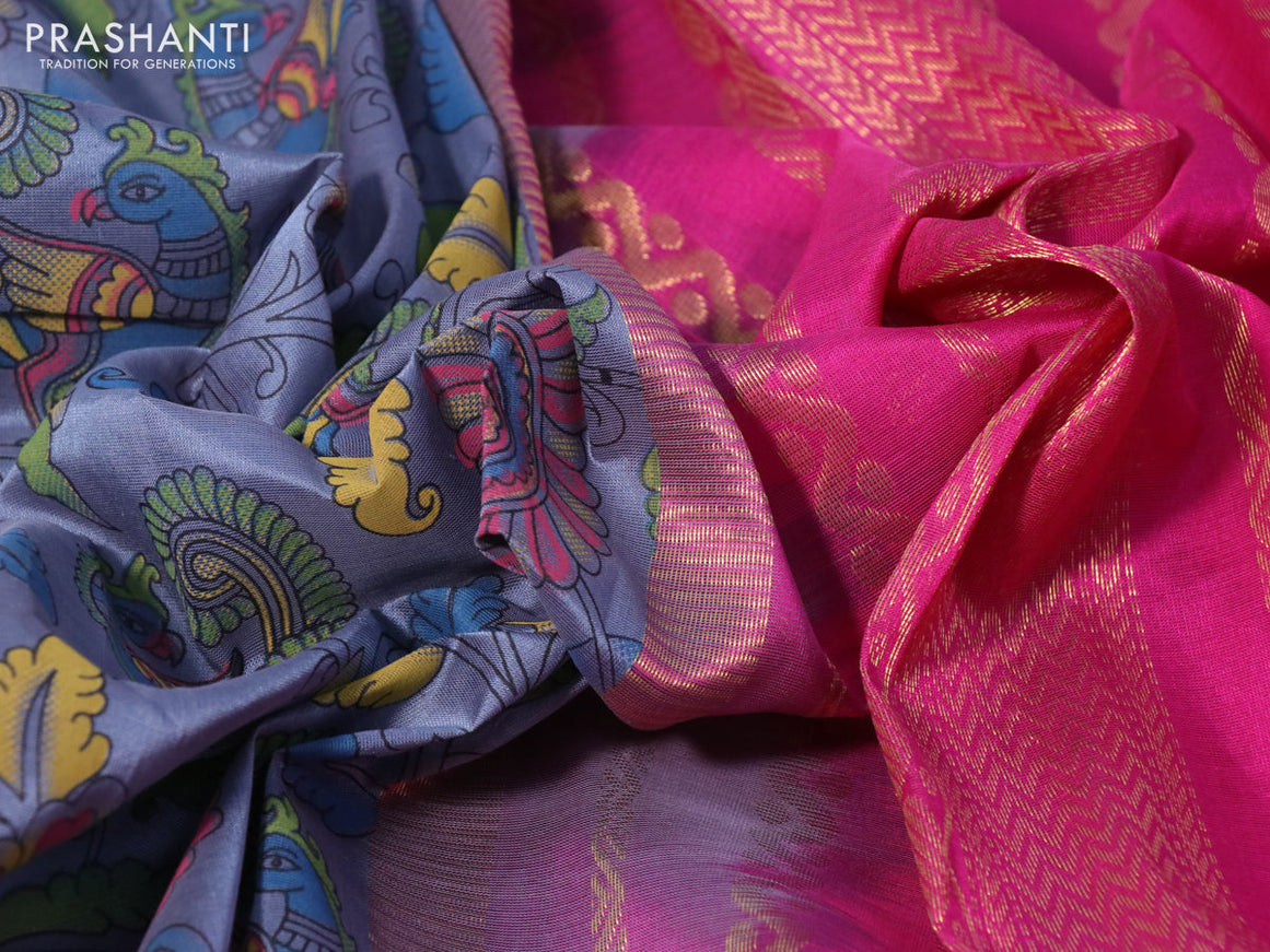 Silk cotton saree grey and pink with allover kalamkari prints and zari woven korvai border