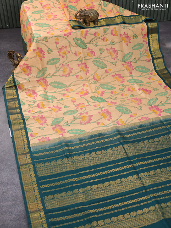 Silk cotton saree pale orange and green with allover kalamkari prints and zari woven korvai border