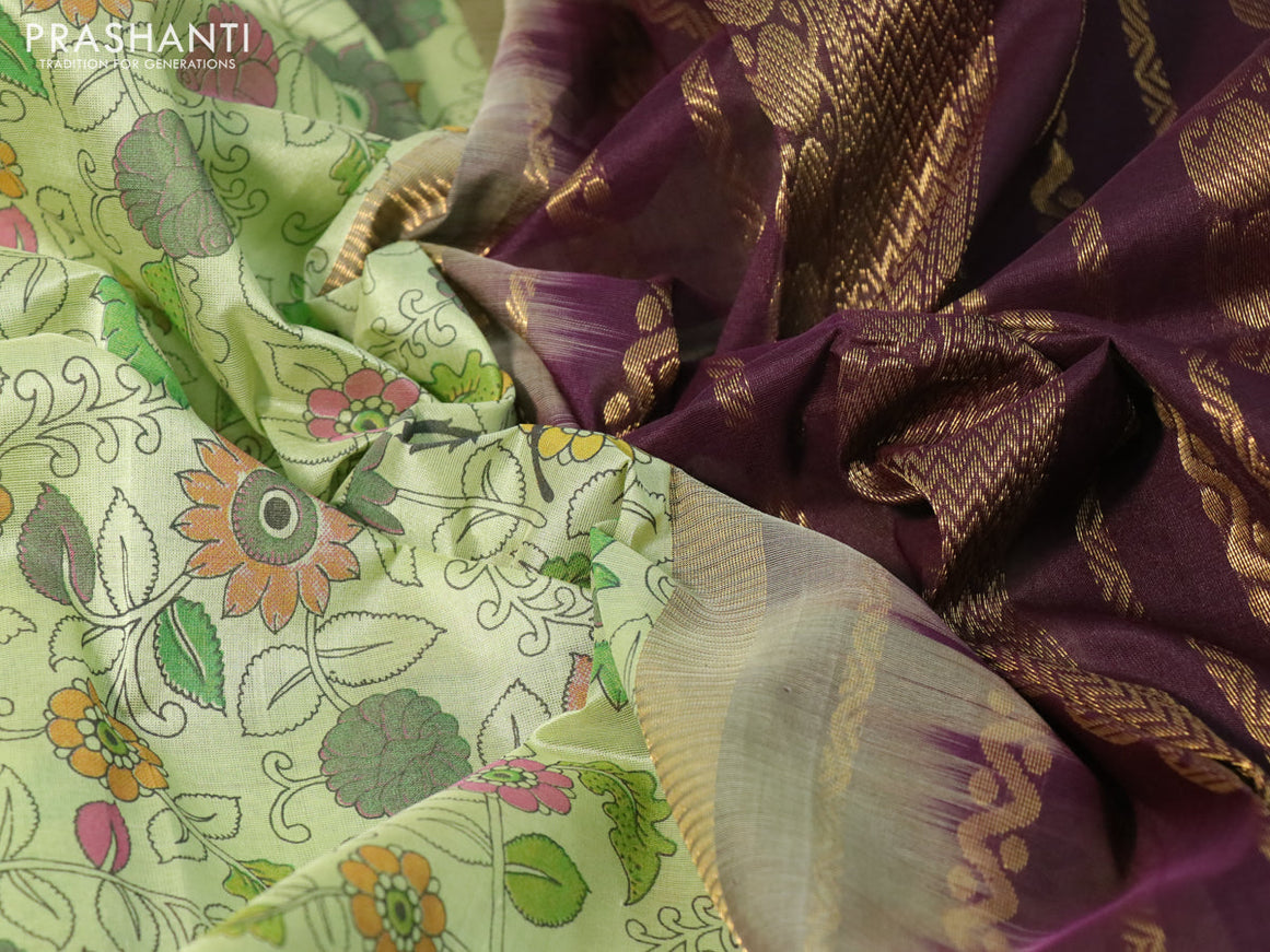 Silk cotton saree pastel green and wine shade with allover kalamkari prints and zari woven korvai border