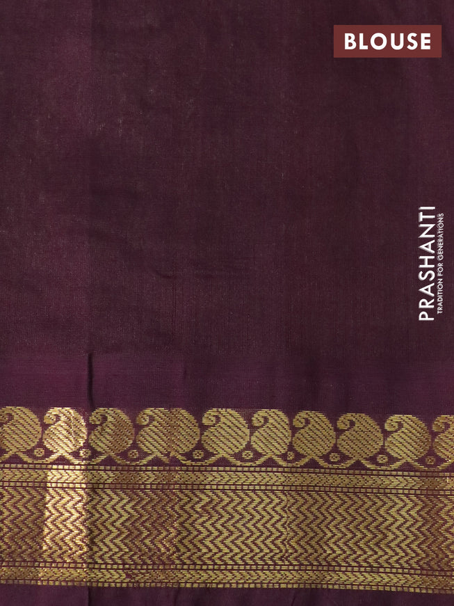 Silk cotton saree pastel green and wine shade with allover kalamkari prints and zari woven korvai border