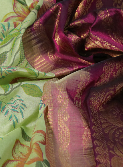 Silk cotton saree pastel green and dark magenta pink with allover kalamkari prints and zari woven korvai border