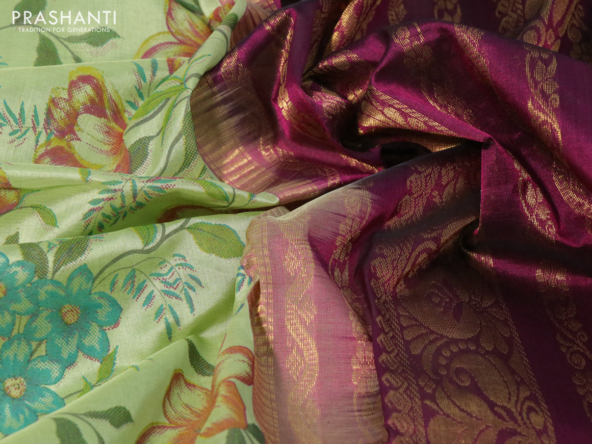 Silk cotton saree pastel green and dark magenta pink with allover kalamkari prints and zari woven korvai border