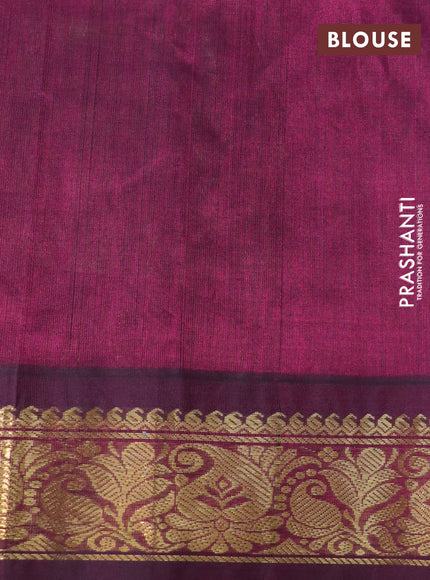 Silk cotton saree pastel green and dark magenta pink with allover kalamkari prints and zari woven korvai border