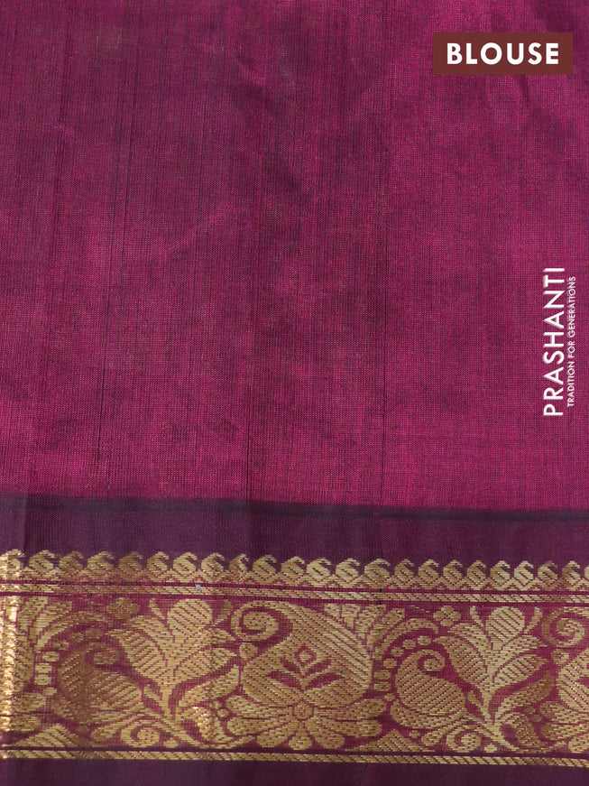 Silk cotton saree pastel green and dark magenta pink with allover kalamkari prints and zari woven korvai border