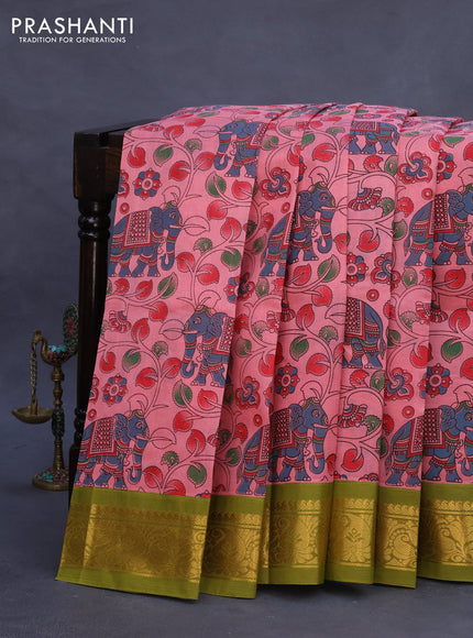 Silk cotton saree peach pink and mehendi green with allover kalamkari prints and zari woven korvai border