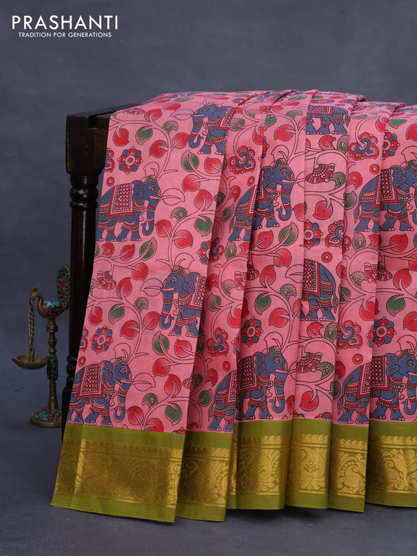 Silk cotton saree peach pink and mehendi green with allover kalamkari prints and zari woven korvai border