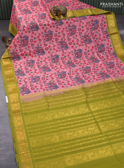 Silk cotton saree peach pink and mehendi green with allover kalamkari prints and zari woven korvai border