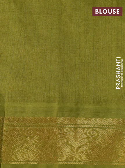 Silk cotton saree peach pink and mehendi green with allover kalamkari prints and zari woven korvai border