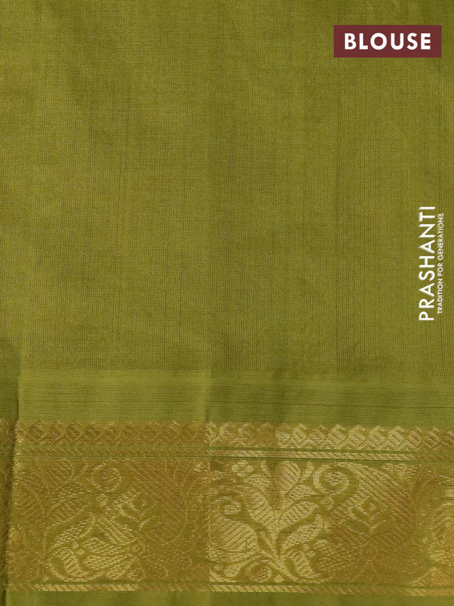 Silk cotton saree peach pink and mehendi green with allover kalamkari prints and zari woven korvai border