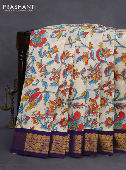 Silk cotton saree cream and blue with allover kalamkari prints and paisley zari woven korvai border