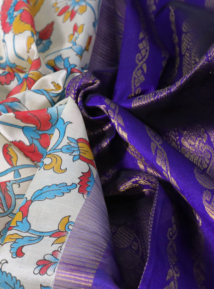 Silk cotton saree cream and blue with allover kalamkari prints and paisley zari woven korvai border