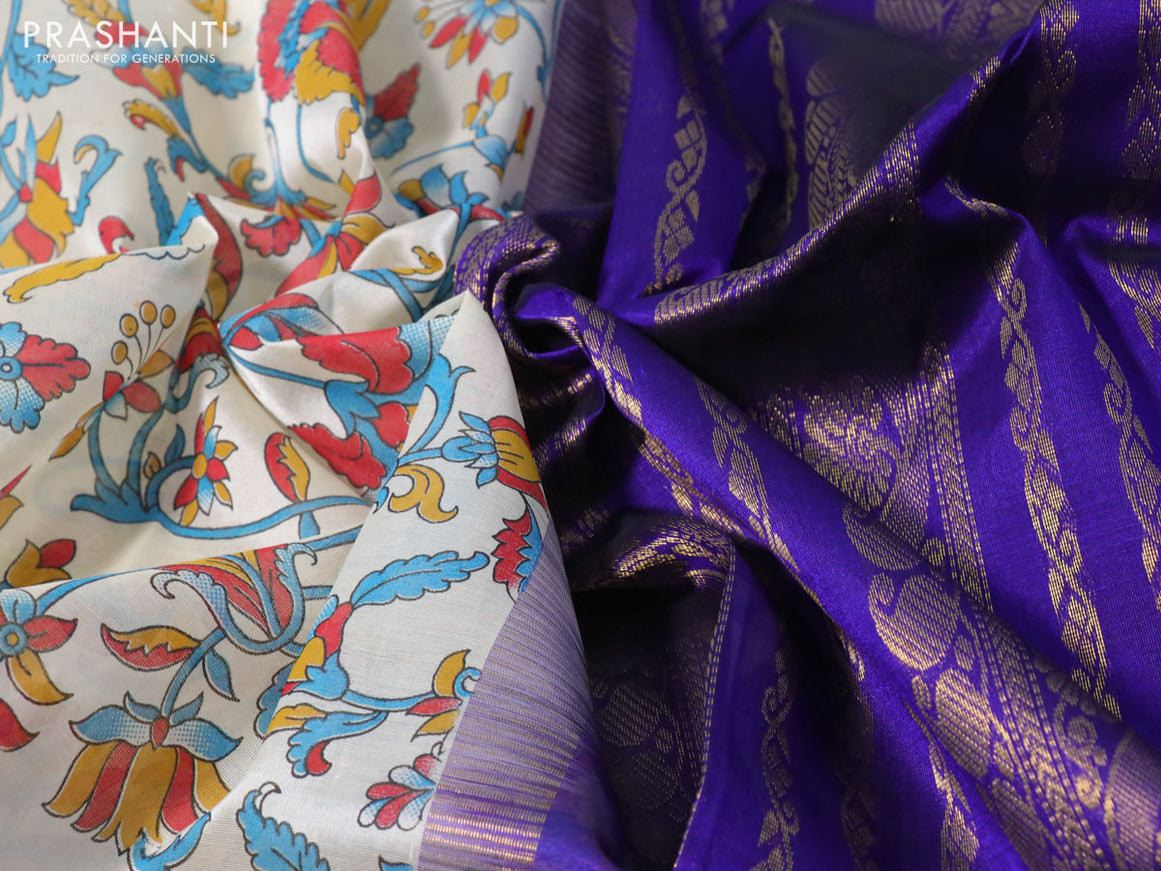 Silk cotton saree cream and blue with allover kalamkari prints and paisley zari woven korvai border