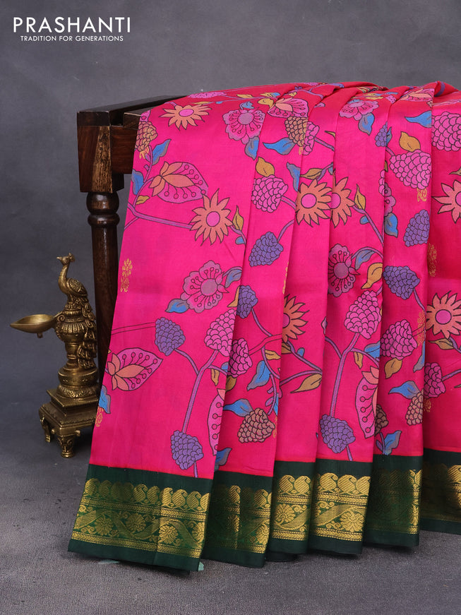 Silk cotton saree pink and green with allover kalamkari prints and paisley zari woven korvai border