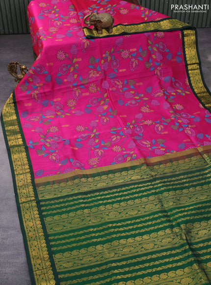 Silk cotton saree pink and green with allover kalamkari prints and paisley zari woven korvai border