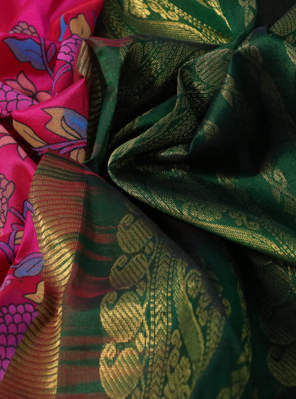 Silk cotton saree pink and green with allover kalamkari prints and paisley zari woven korvai border