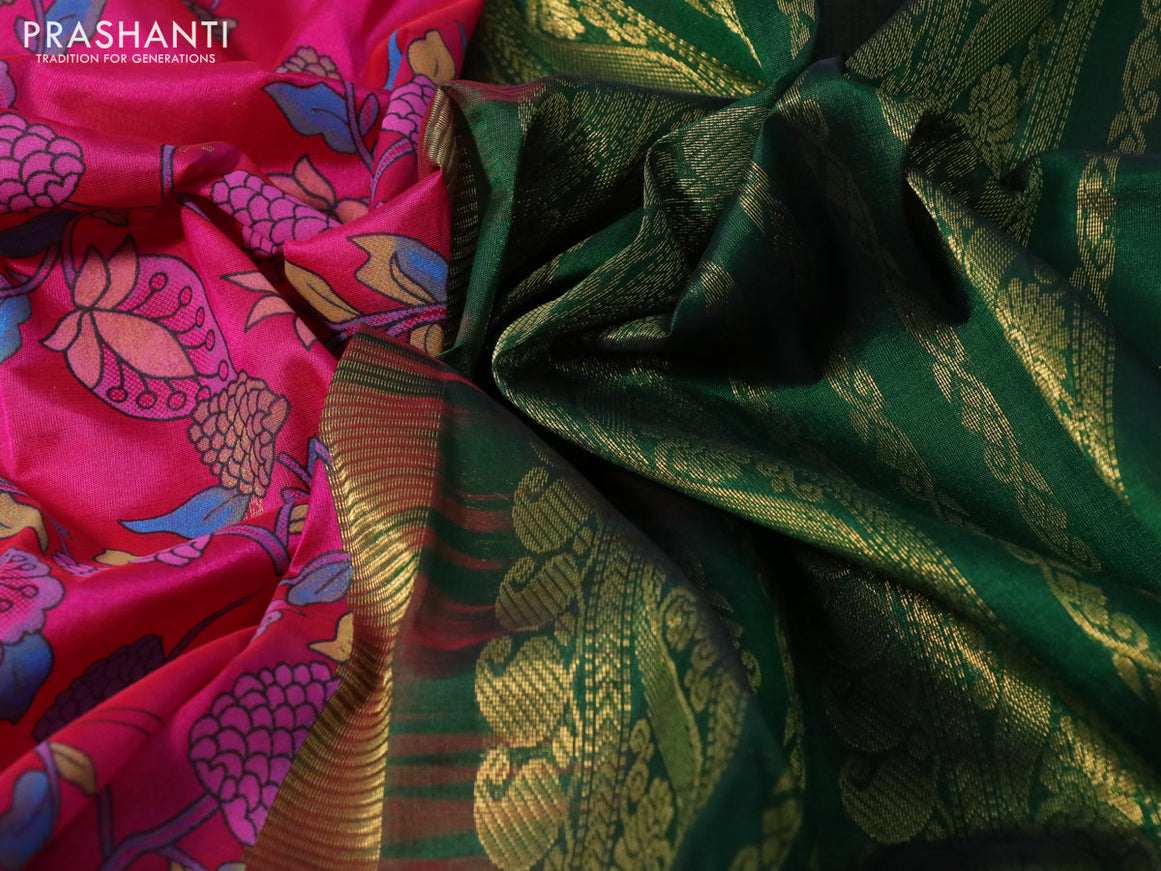 Silk cotton saree pink and green with allover kalamkari prints and paisley zari woven korvai border