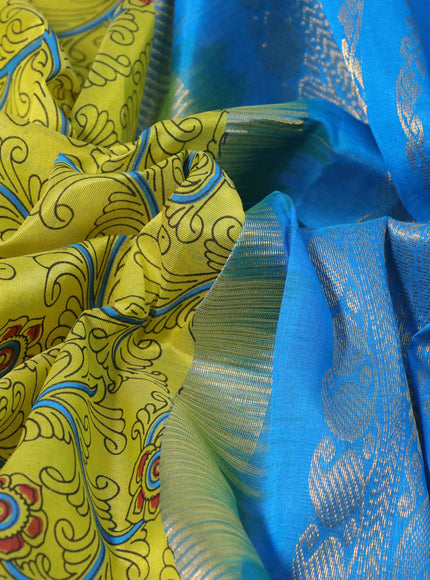 Silk cotton saree lime yellow and cs blue with allover kalamkari prints and paisley zari woven korvai border