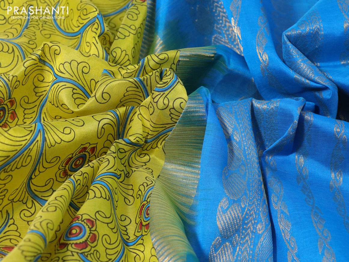 Silk cotton saree lime yellow and cs blue with allover kalamkari prints and paisley zari woven korvai border