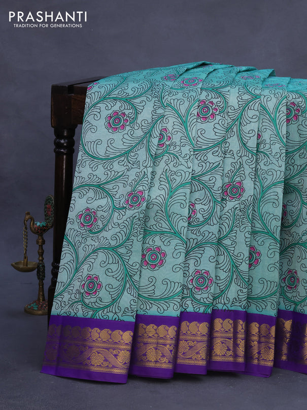 Silk cotton saree teal blue shade and blue with allover kalamkari prints and zari woven korvai border