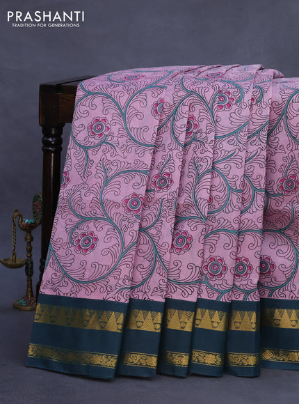 Silk cotton saree pastel pink and dark green with allover kalamkari prints and rettapet zari woven korvai border