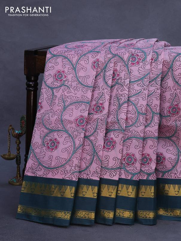 Silk cotton saree pastel pink and dark green with allover kalamkari prints and rettapet zari woven korvai border