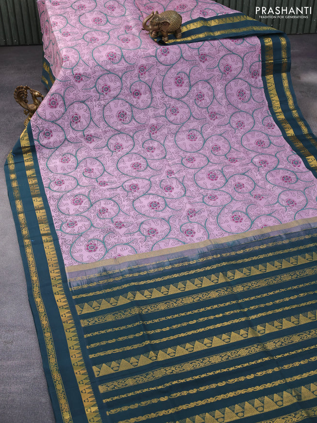 Silk cotton saree pastel pink and dark green with allover kalamkari prints and rettapet zari woven korvai border