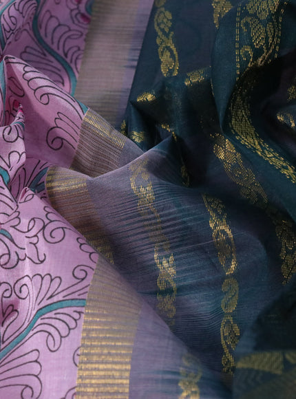 Silk cotton saree pastel pink and dark green with allover kalamkari prints and rettapet zari woven korvai border