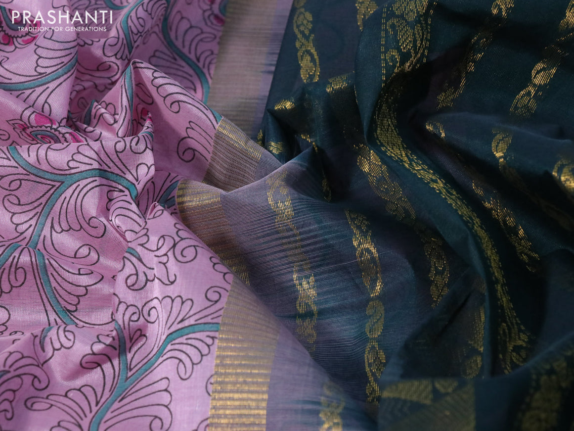 Silk cotton saree pastel pink and dark green with allover kalamkari prints and rettapet zari woven korvai border