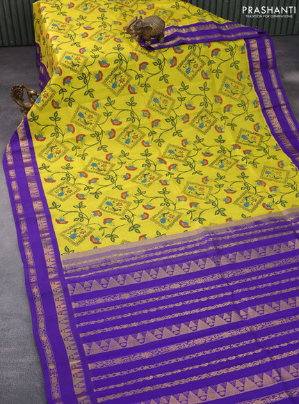 Silk cotton saree lime yellow and violet with allover kalamkari prints and rettapet zari woven korvai border