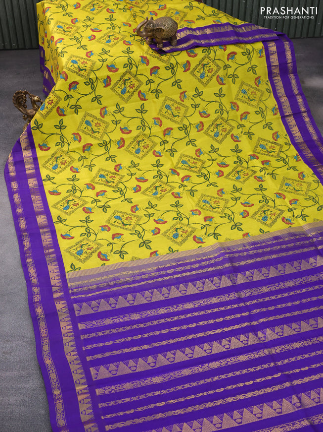 Silk cotton saree lime yellow and violet with allover kalamkari prints and rettapet zari woven korvai border