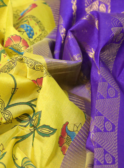 Silk cotton saree lime yellow and violet with allover kalamkari prints and rettapet zari woven korvai border