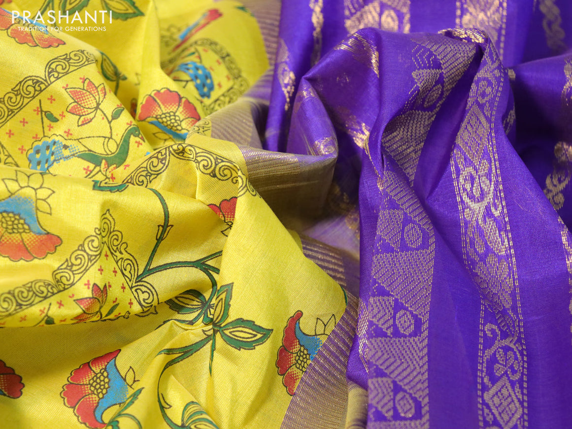 Silk cotton saree lime yellow and violet with allover kalamkari prints and rettapet zari woven korvai border