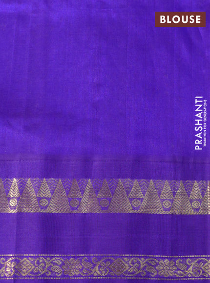 Silk cotton saree lime yellow and violet with allover kalamkari prints and rettapet zari woven korvai border