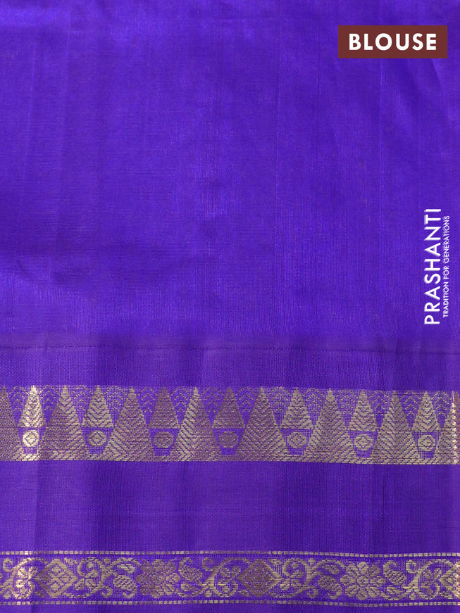 Silk cotton saree lime yellow and violet with allover kalamkari prints and rettapet zari woven korvai border