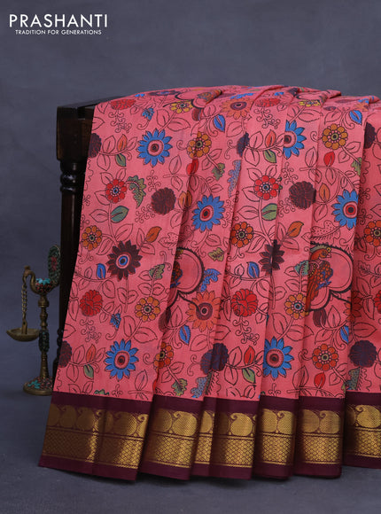 Silk cotton saree pink shade and wine shade with allover kalamkari prints and paisley zari woven korvai border