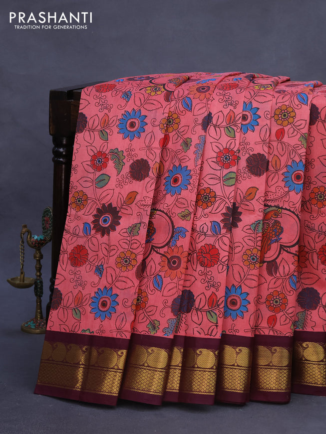 Silk cotton saree pink shade and wine shade with allover kalamkari prints and paisley zari woven korvai border