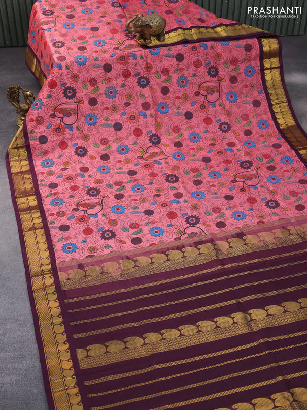 Silk cotton saree pink shade and wine shade with allover kalamkari prints and paisley zari woven korvai border