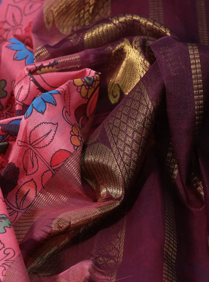 Silk cotton saree pink shade and wine shade with allover kalamkari prints and paisley zari woven korvai border