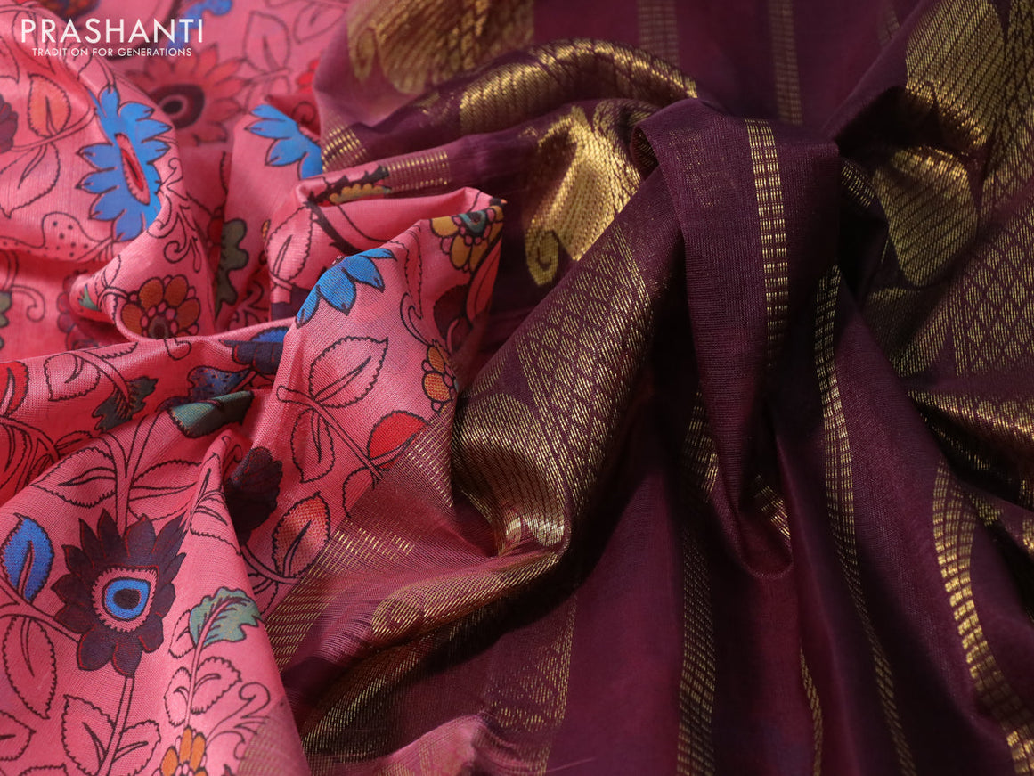 Silk cotton saree pink shade and wine shade with allover kalamkari prints and paisley zari woven korvai border