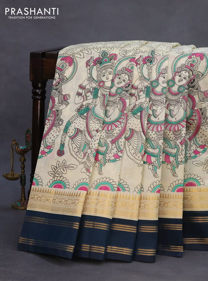 Silk cotton saree cream and peacock blue with allover kalamkari prints and rettapet zari woven korvai border