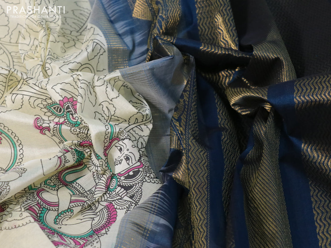 Silk cotton saree cream and peacock blue with allover kalamkari prints and rettapet zari woven korvai border