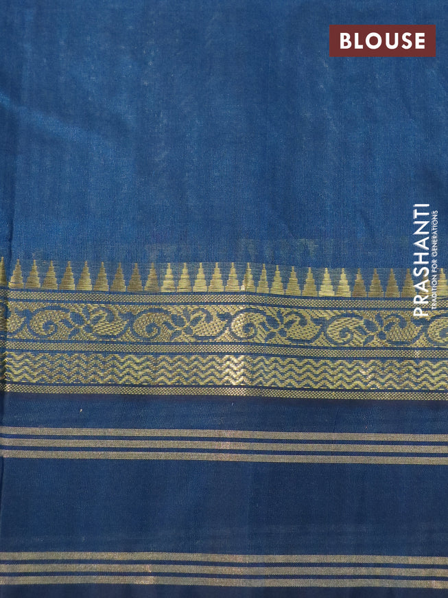 Silk cotton saree cream and peacock blue with allover kalamkari prints and rettapet zari woven korvai border