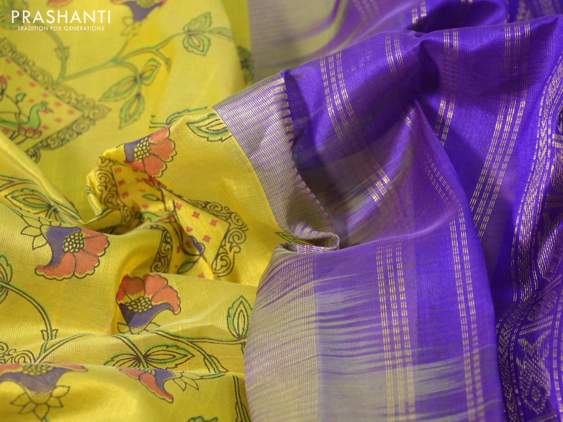 Silk cotton saree lime yellow and violet with allover kalamkari prints and rettapet zari woven korvai border