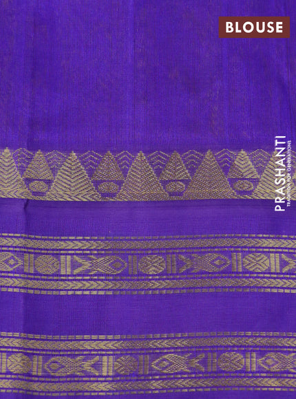 Silk cotton saree lime yellow and violet with allover kalamkari prints and rettapet zari woven korvai border