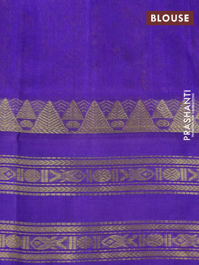 Silk cotton saree lime yellow and violet with allover kalamkari prints and rettapet zari woven korvai border