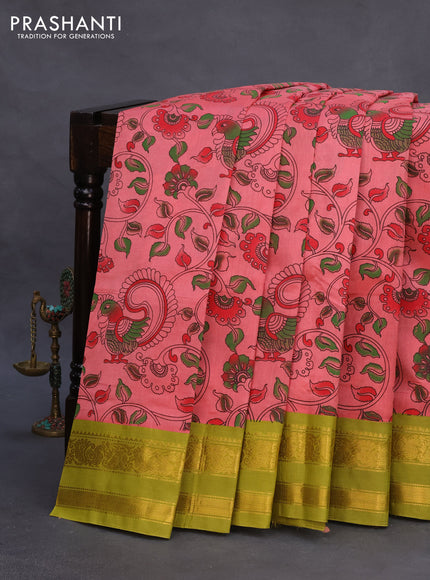 Silk cotton saree peach pink and lime green with allover kalamkari prints and rettapet zari woven korvai border