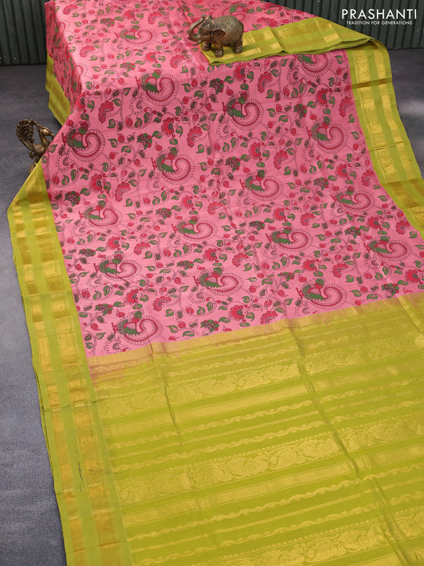 Silk cotton saree peach pink and lime green with allover kalamkari prints and rettapet zari woven korvai border