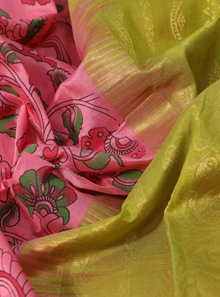 Silk cotton saree peach pink and lime green with allover kalamkari prints and rettapet zari woven korvai border